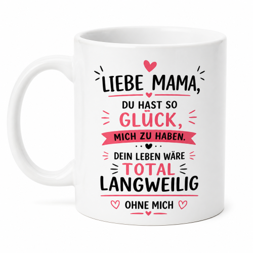 Preview: Tasse oder Kissen „Liebe Mama o. Lieber Papa, du hast so Glück mich zu haben“ – Geschenk für Mama, Papa | Muttertag, Vatertag | Geburtstag | Humor Geschenkidee